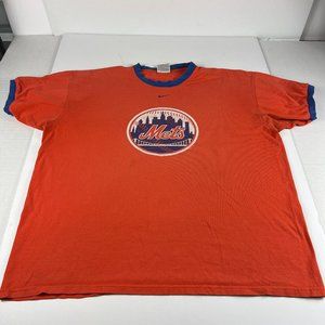 VTG Nike New York Met Center Swoosh Ringer Shirt Extra Large Orange Thrashed Tee